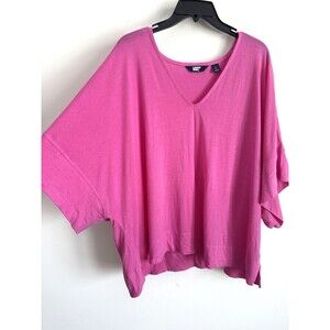 LANDS END Pink V-Neck Top Dolman Short Sleeve Boxy Shirt Linen Large